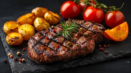   A steak, potatoes, and tomatoes rest on a slate platter against a black background