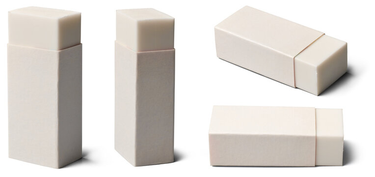 set of rubber erasers isolated white background, traditional rectangular shaped block erasers made from natural rubber in different angles stationery school supplies mock-up template