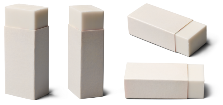 set of rubber erasers isolated white background, traditional rectangular shaped block erasers made from natural rubber in different angles stationery school supplies mock-up template