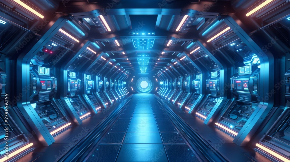 Poster the interior of a sci-fi spaceship. the interior of a futuristic design spaceship in blue. 3d render