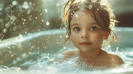 Ritratto di un bambino immerso nella luce del sole in mezzo all'acqua scintillante, che trasmette innocenza e gioia