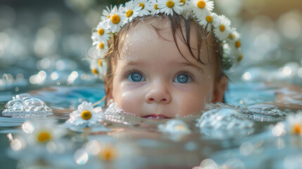 Ritratto di un bambino immerso nella luce del sole in mezzo all'acqua scintillante, che trasmette innocenza e gioia