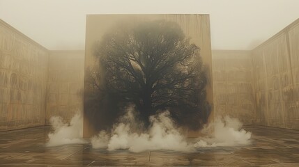   A tree stands in a room's center, emitting steam from the floor beneath In the backdrop, a building is visible