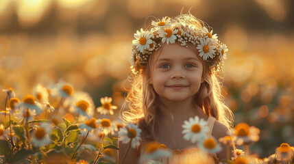 bambina  felice che indossa una corona di margherite e sorride in un prato estivo inondato di sole