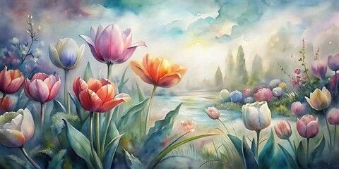 Spring Watercolor Tulip Landscape, Spring Tulips painted with watercolor, Tulips Watercolor, Spring Watercolor flowers, Spring Background - obrazy, fototapety, plakaty