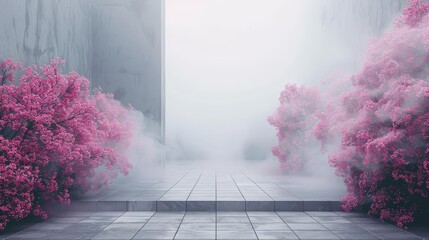   A walkway bordered by pink flowers, with a foggy sky serving as its backdrop in this image - obrazy, fototapety, plakaty