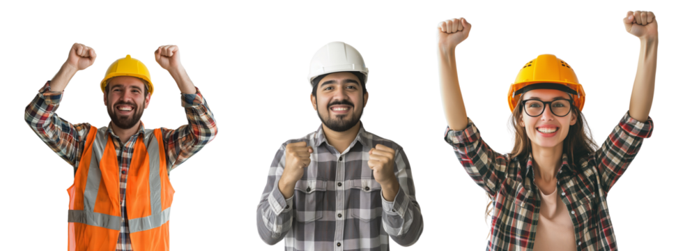 Cheerful engineer wearing helmet and winner gesture with arms raised