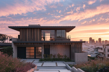A contemporary Craftsman home with a minimalist aesthetic, using a restrained palette of materials to highlight the beauty of simplicity and craftsmanship, set against an urban skyline. - obrazy, fototapety, plakaty