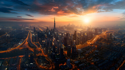 Twilight panorama of a vibrant cityscape with urban motion - obrazy, fototapety, plakaty