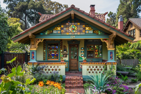 A compact Craftsman cottage with a vibrant facade, featuring hand-painted tiles, stained glass windows, and a quaint front porch, situated in a colorful garden.