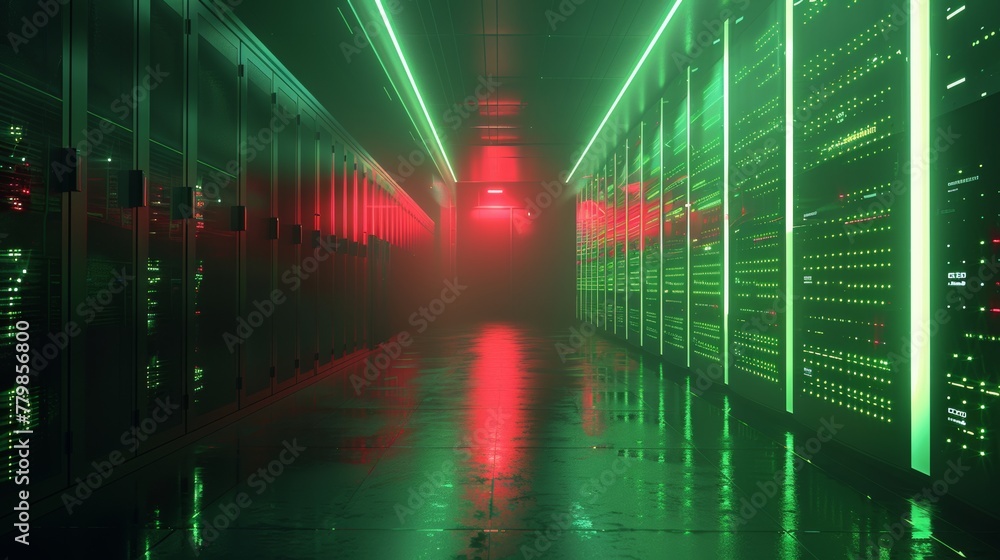 Poster Data center server room. Rackmounted LED console with backup, mining, hosting, mainframe, farm, and computer rack information. 3D image.