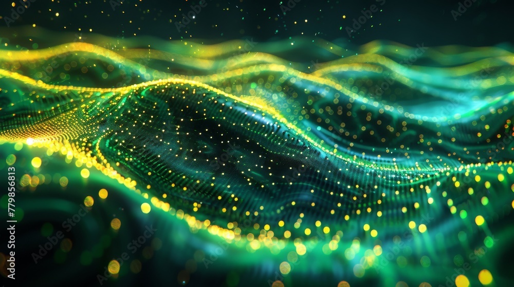 Aufkleber wave with moving dots. flow of particles. cyber technology illustration in 3d.