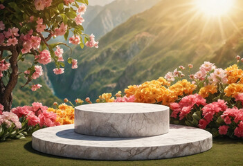Fototapeta na wymiar A empty stone podium with background of sunlit flowers