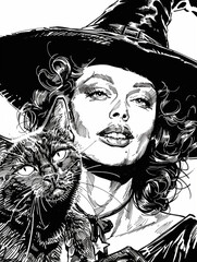 Fototapeta premium clipart of a witchy woman with cat - black and white - generative ai
