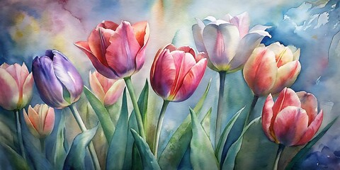 Obraz na płótnie Canvas Beautiful Spring Tulips painted with watercolor, Tulips Watercolor, Spring Watercolor flowers, Spring Background
