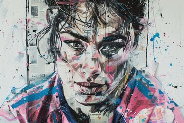 Urban street art featuring a female rugby player with a resolute expression, adorned in a meticulously detailed jersey of pink and blue stripes, created entirely from colorful newspaper