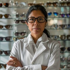 Attentive Latin American female optometrist peering studiously straight ahead surrounded by displays of stylish prescription eyeglasses