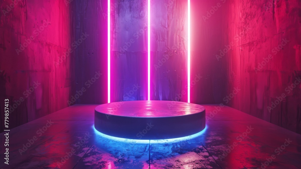 Poster shiny silver cylinder pedestal podium with vertical glowing neon lighting. modern rendering 3d shape