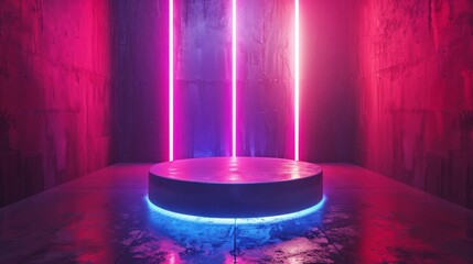 Fototapeta na wymiar Shiny silver cylinder pedestal podium with vertical glowing neon lighting. Modern rendering 3D shape, Product display presentation. Futuristic minimal wall scene.