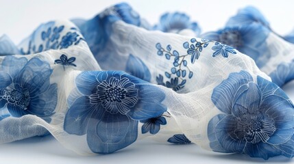   A close-up of a blue and white flower on an organic fabric with blue and white blooms