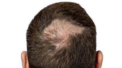 Person with Hair Loss problems closeup. Alopecia Balding Hairs on man Scalp. Human Alopecia or Hair Loss. Scratching his Head. Baldness. Depression, Stress. PNG Design Element. - 779857426