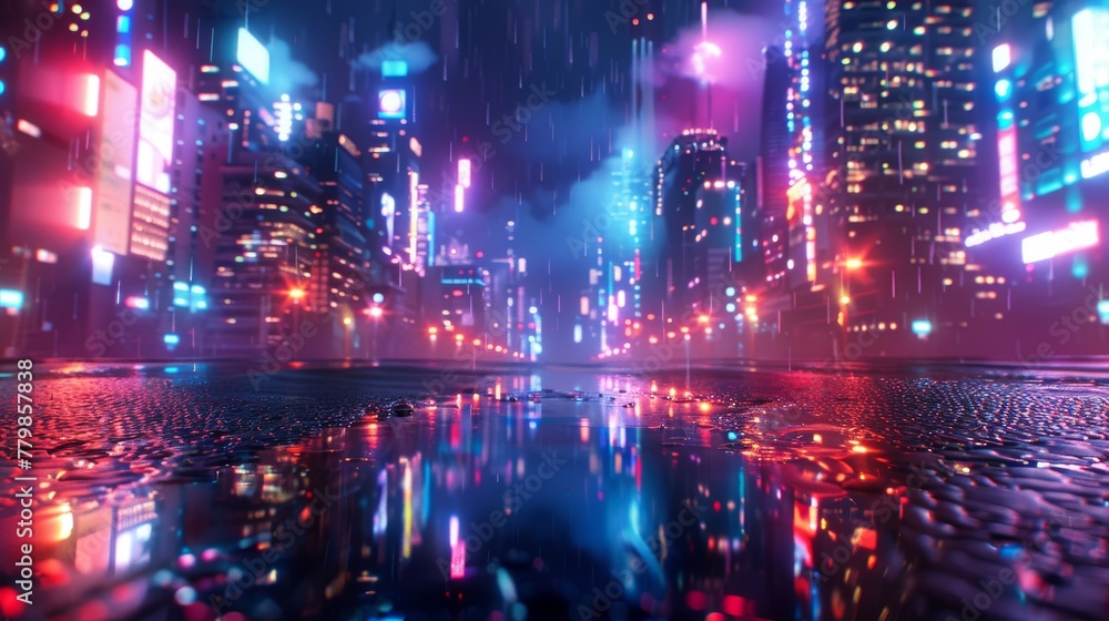 Poster rendering of neon megacity with light reflections from puddles on street heading to buildings. moody