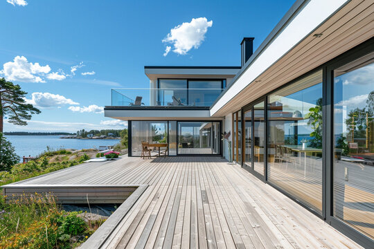 A contemporary Swedish archipelago home with clean lines, large windows, and a wooden deck overlooking the Baltic Sea.