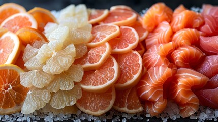   A table holds a pile of oranges, grapefruits, and halved grapefruits