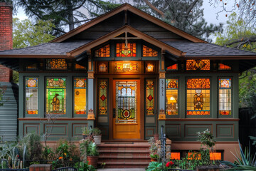 A cozy Craftsman bungalow with a warm, inviting color palette, stained glass windows, and an intricately patterned front door, set in a quaint neighborhood. - obrazy, fototapety, plakaty