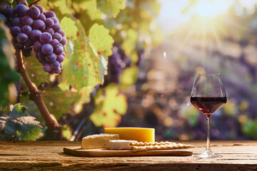 Harmony of wine and cheese. Glass with red wine and cheeses on wooden board as appetizers with...