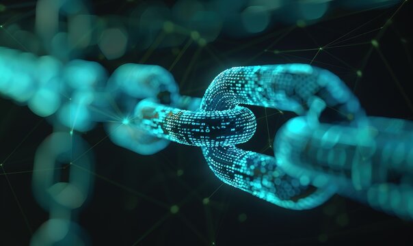 Futuristic digital blockchain technology: blue glowing links with streaming binary code - secure cryptocurrency data transfer concept