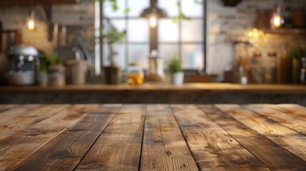 Elegant wood tabletop foreground with a gently blurred kitchen backdrop, ideal for showcasing kitchenware