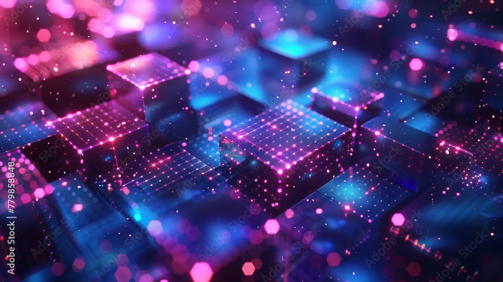 Poster Blockchain technology background with 3D blue purple pixel glitch color. Concept of blockchain technology in 3D rendering.