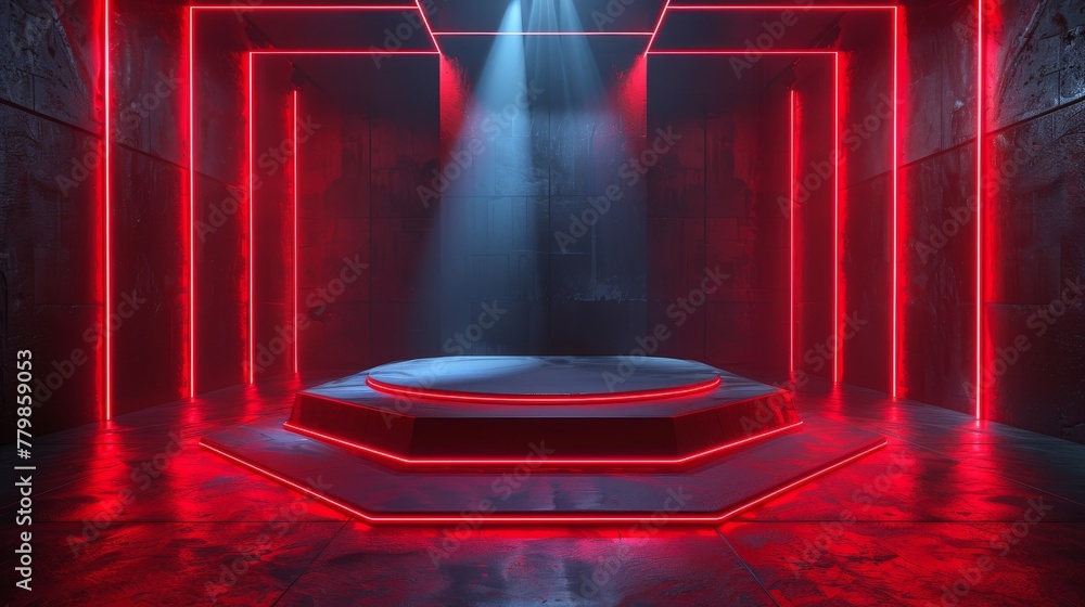Poster a dark room with red diagonal neon lights and a podium. 3d modern showcase with copy space