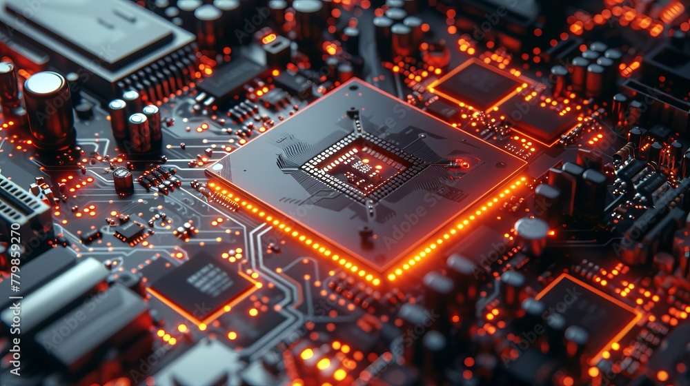 Poster CPU concept. Digital chip on motherboard. Tech science background. 3D rendering