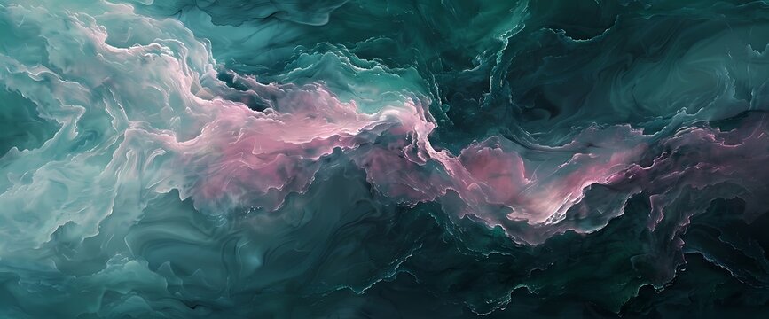 Pink mist swirling gracefully over a canvas of deep forest green and celestial blue.