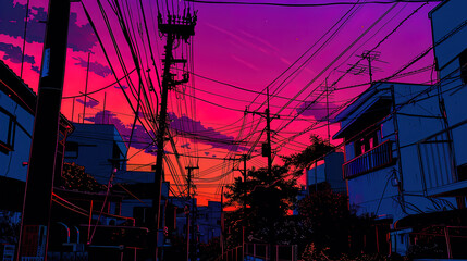 Synthwave anime manga illustration, city life, sunset, lofi vibes, dusk - obrazy, fototapety, plakaty