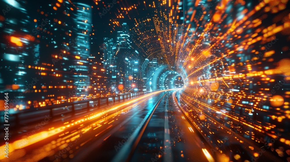 Aufkleber Rendering of warp speed in hyper loop with blurred light from city lights at night. Concept of next generation technology, fin tech, big data, 5G fast networks, artificial intelligence ...