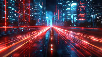 A 3D rendering of a cityscape with red and light blue lights trailing along a road at night. Concept for a city, downtown district, town at night.