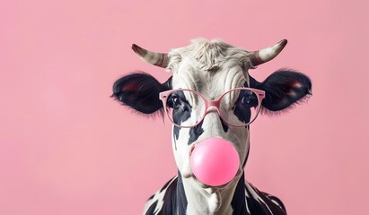 Stylish cow in glasses blowing up pink bubble gum ball isolated on soft pink background