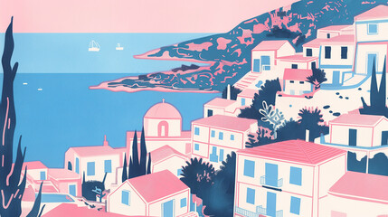 Fototapeta na wymiar A Travel poster for a Greek village overlooking the sea . Vintage. Screen print. Pink and blue --ar 16:9 --style raw --stylize 0 Job ID: bcdbfa42-a656-4717-9972-dfa069cbcac0
