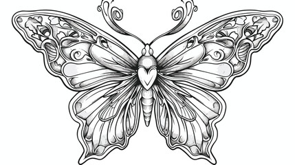 Butterfly with heart for tattoo coloring book 