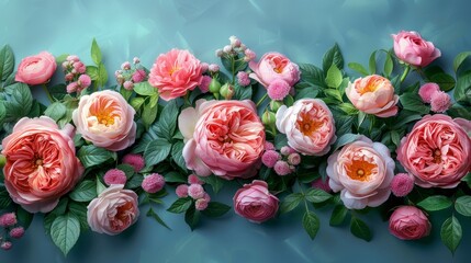   A tight shot of various pink flowers against a backdrop of blue, featuring verdant green leaves