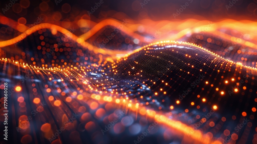 Poster 3D digital technology background. A dynamic wave of glowing points. Futuristic background for presentations.