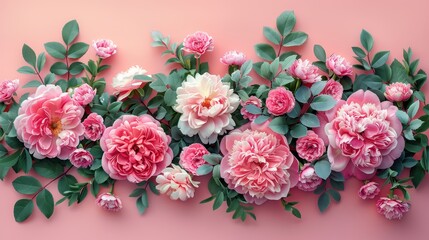   Pink flowers with green leaves against a pink backdrop Text space on the left