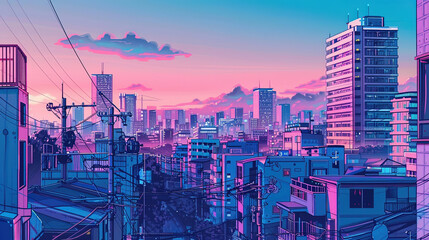 Synthwave anime manga illustration, city life, sunset, lofi vibes, dusk