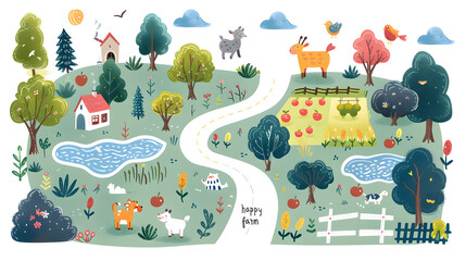 Colorful map of happy farm flat childlike illustration