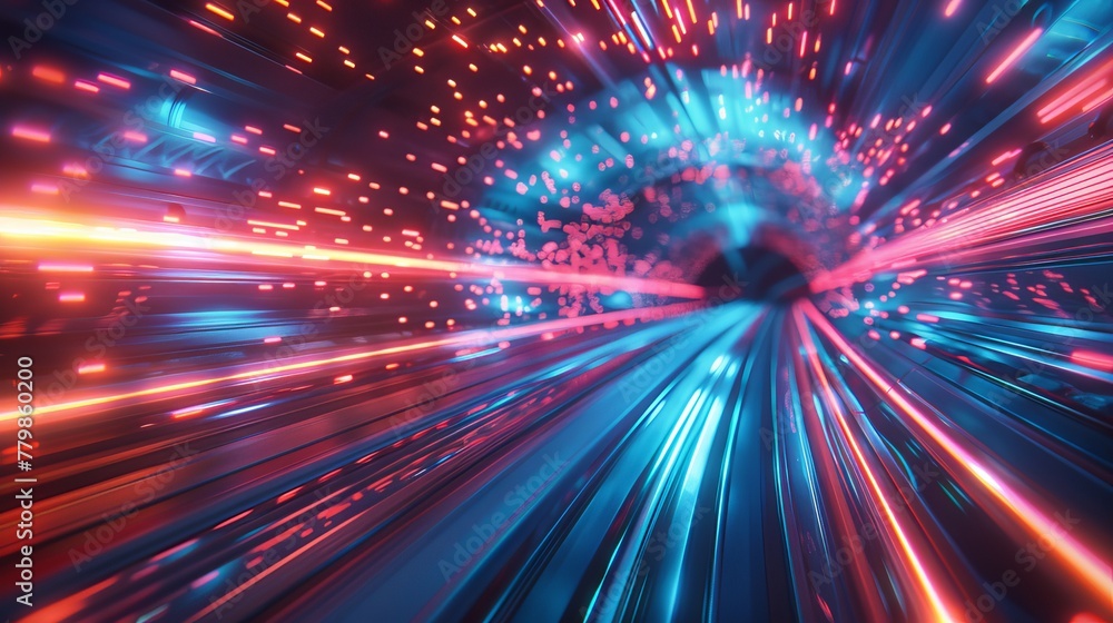 Poster A scene with speedy digital lights and neon rays gliding through digital technological tunnels. A rendering in 3D.