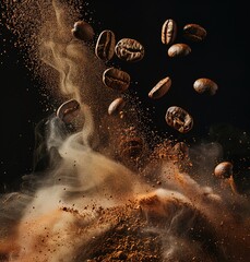 A dynamic display of popping coffee beans over a bar of rich dark chocolate, capturing the essence of a fusion of flavors.