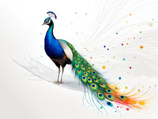 Fototapeta premium Dancing male peacock, peacock art painting, a peacock opening in a colorful scene.